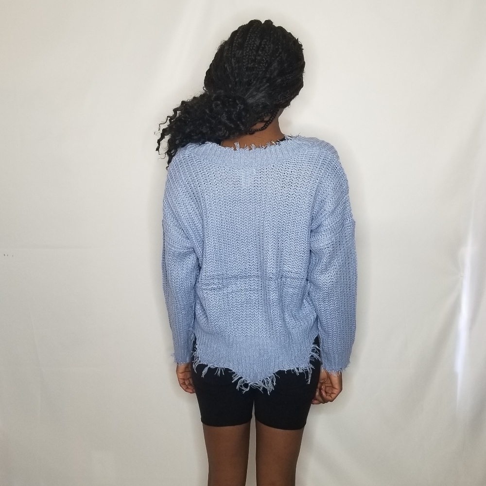 Faded Denim Frayed Long Sleeve V Neck Sweater - Picture 4 of 4